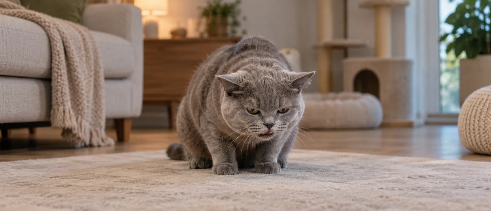A grey tabby cat vomiting on a tiled floor at home.