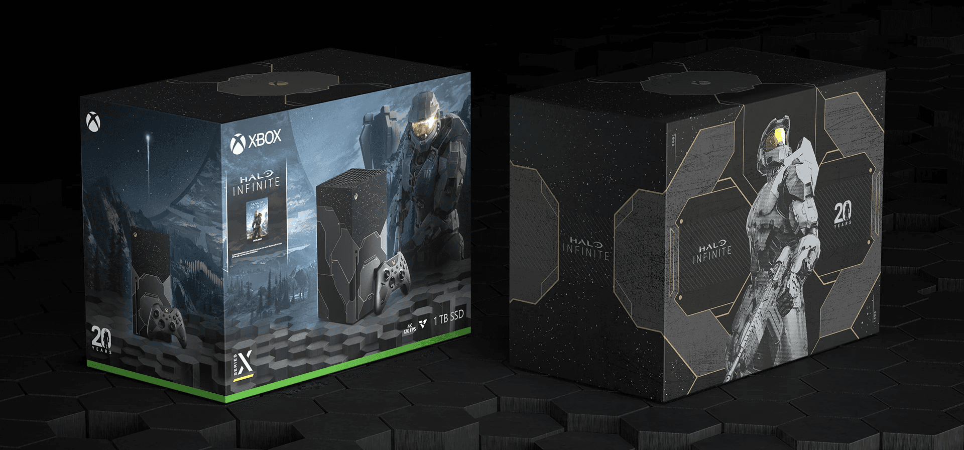 The Halo Infinite branded console box with and without cover