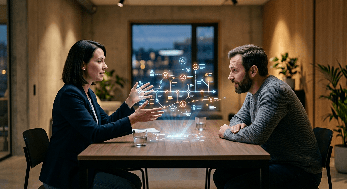 Consultant presenting a holographic automation roadmap with prioritized milestones to an engaged client across a meeting table