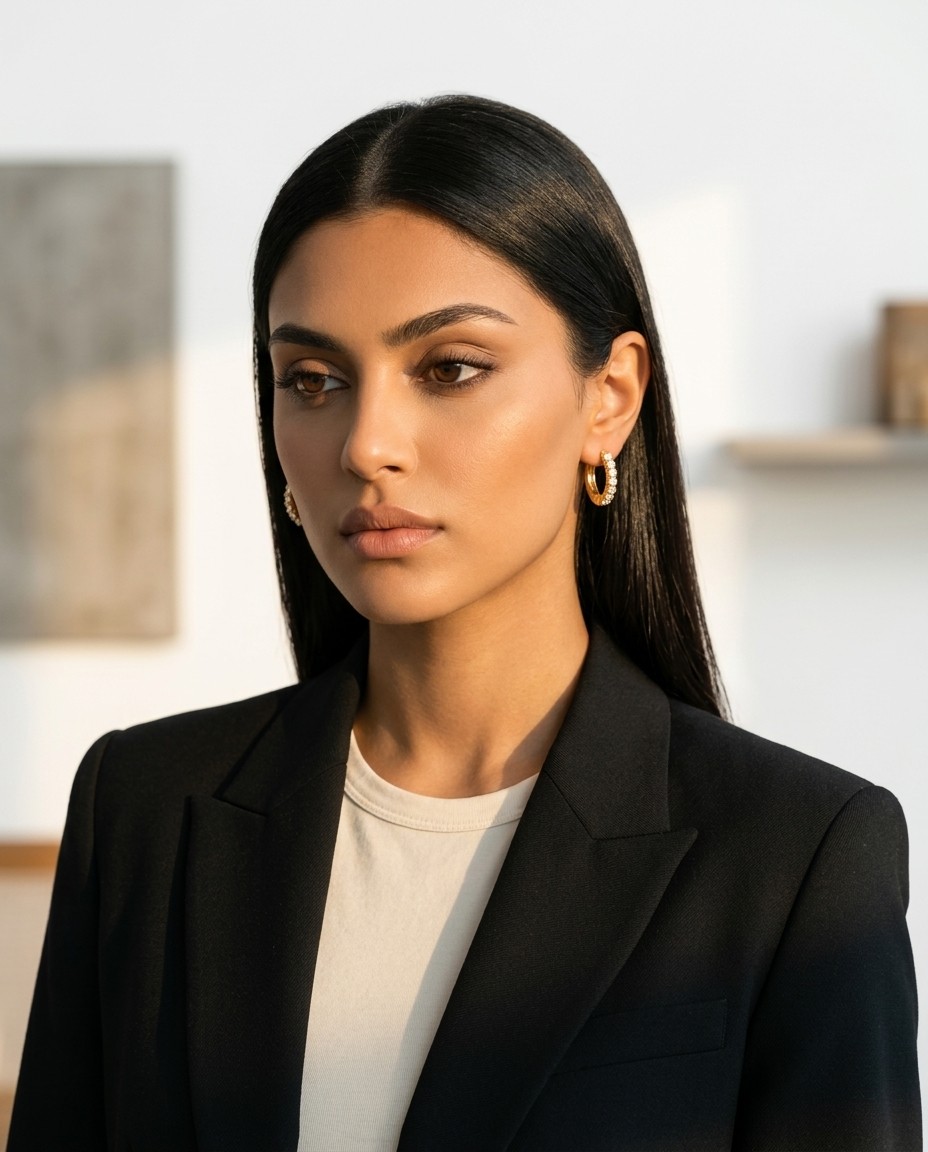 Layla Al-Masri AI model wearing gold huggie hoop earring, interior daylight editorial, tailored black blazer, Gemzy AI jewelry studio