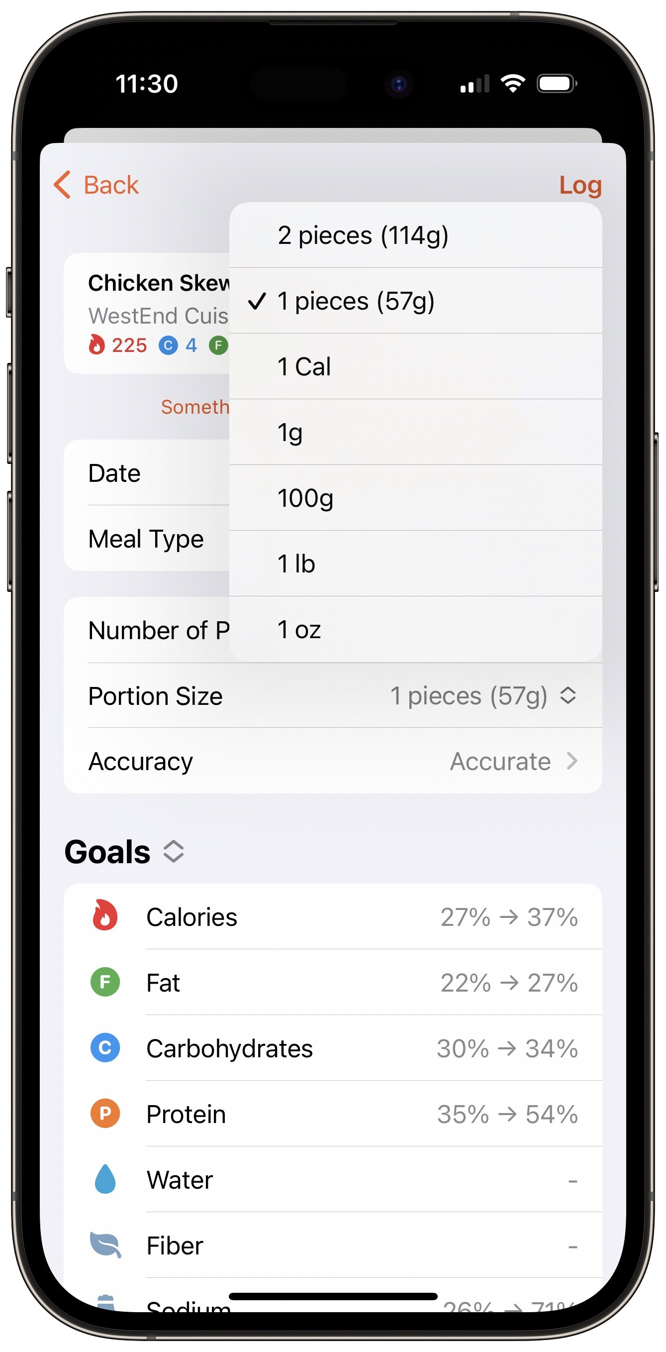 Screenshot of the new portion picker