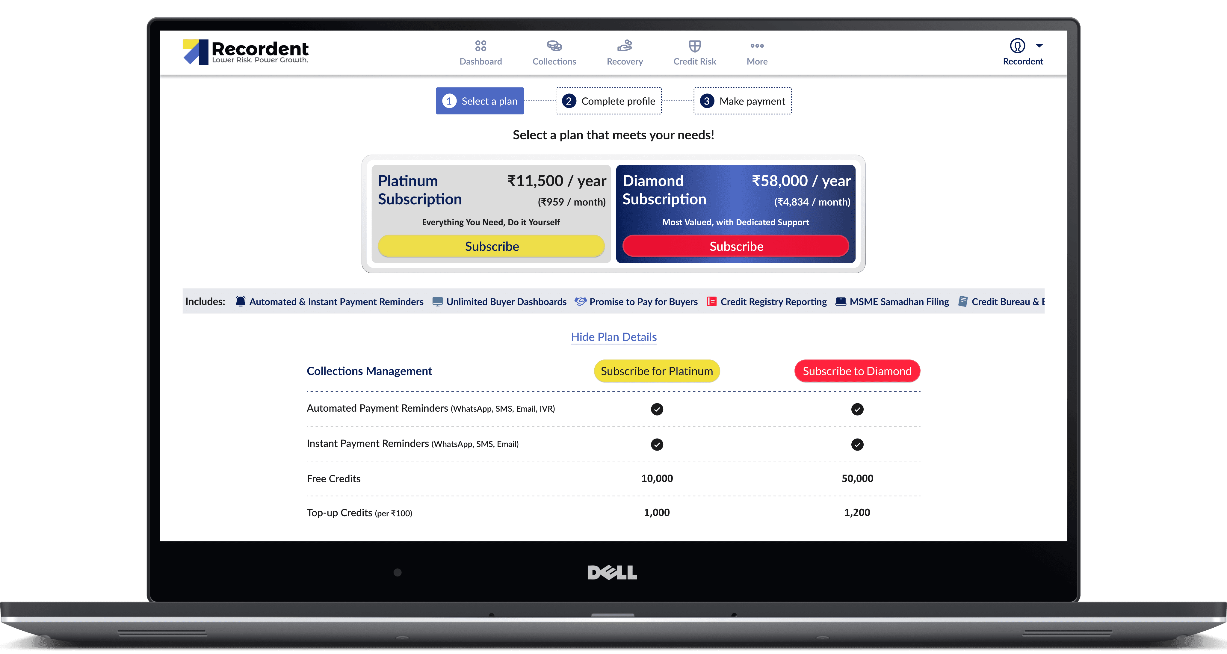 Assuming that the prospect has clicked on "Sign-up" from the home page, they are asked to selct a plan. The plan is auto selected if they arrive from a dedicated landing page.