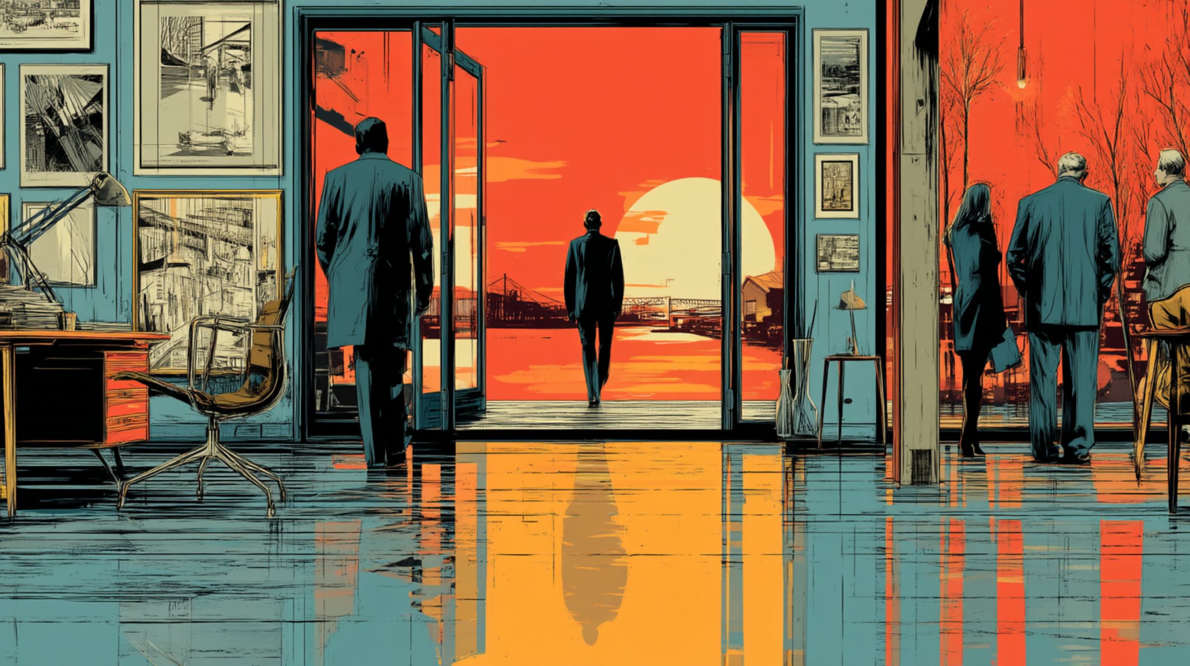 A figure steps through open doors into red light as a room of executives turns in silence — the moment conviction enters the machine.