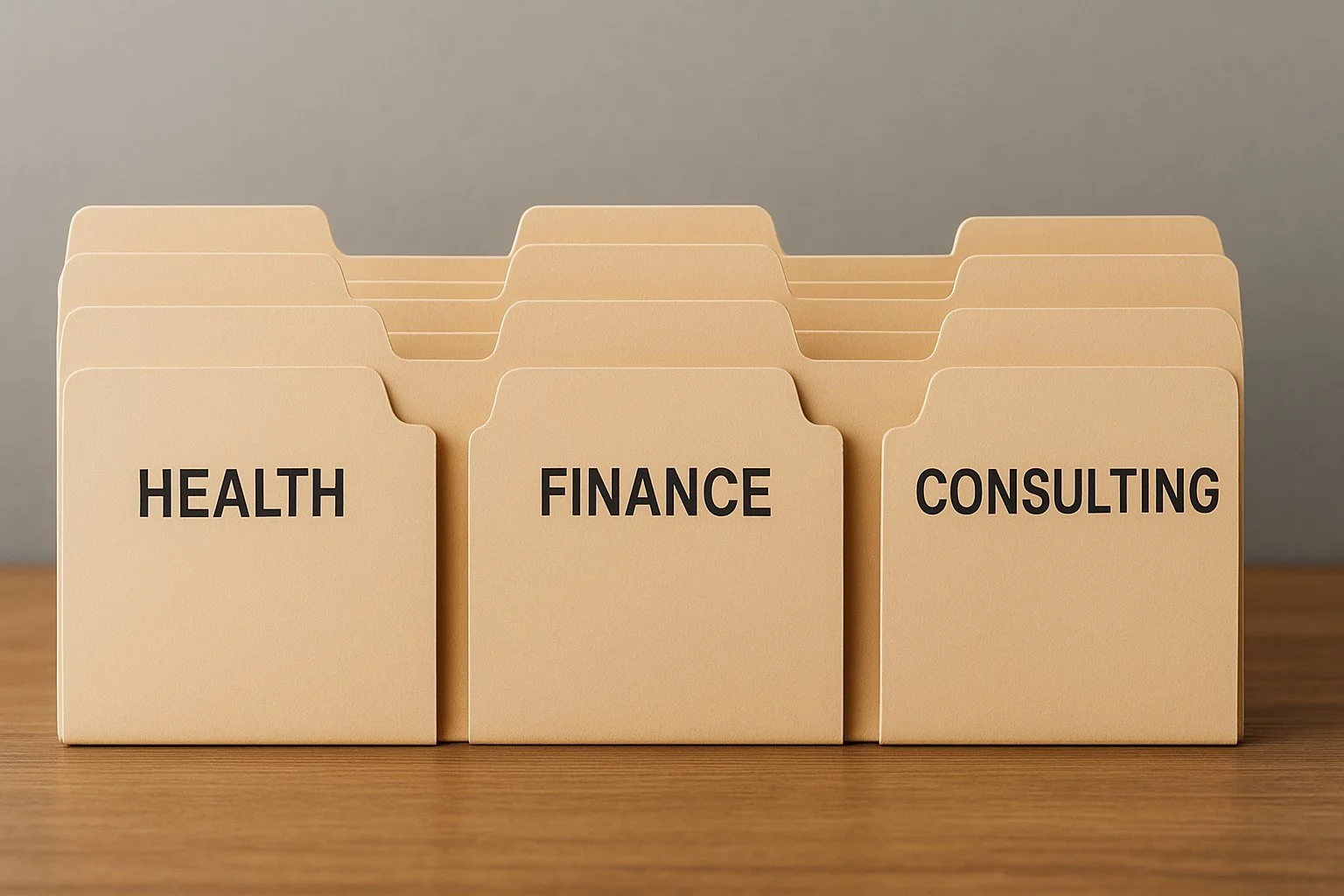 Row of labeled file folders for Health, Law, Finance, Consulting, and Arts, representing the main specified service trade or business (SSTB) categories.