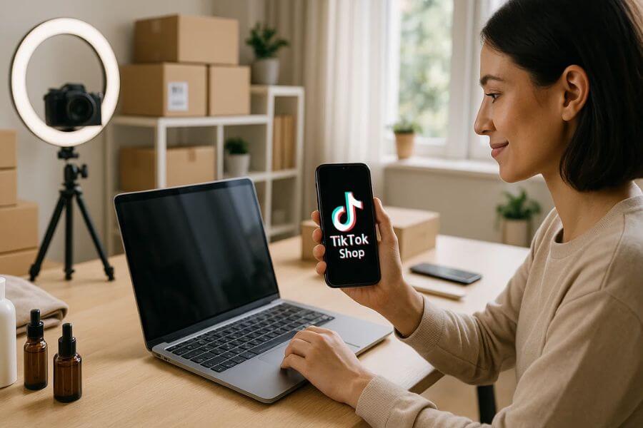 Seller reviewing TikTok Shop Seller Center on mobile while managing product listings and online storefront setup.
