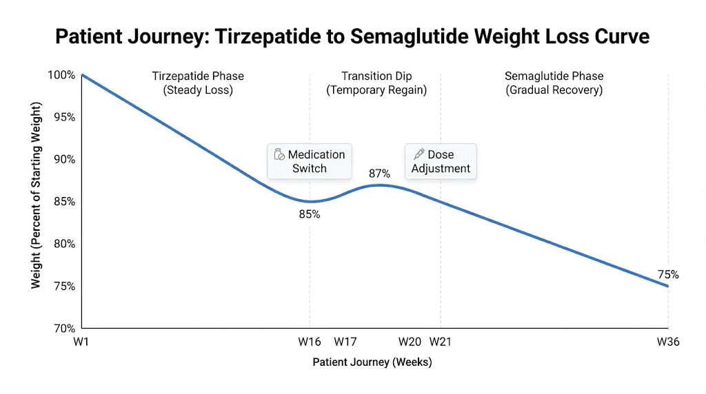 Real-world weight loss timeline showing expected fluctuations when switching from tirzepatide to semaglutide including temporary plateau and recovery phases