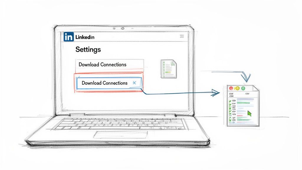 A hand-drawn illustration of a laptop showing LinkedIn settings to download connections as a CSV file.