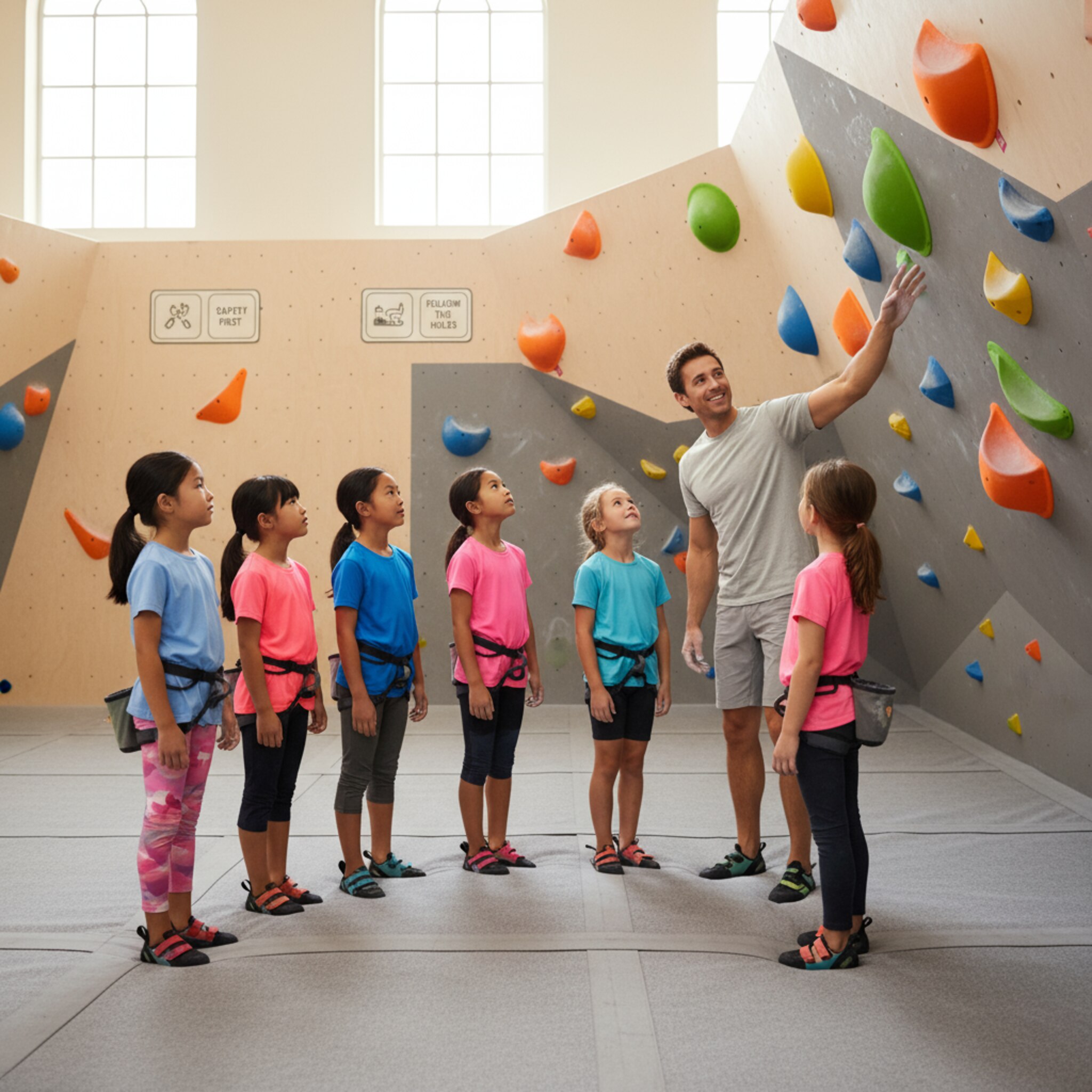 Eine Kindergruppe versammelt sich vor einer niedrigen Wand, ein Trainer erklärt mit Gesten den nächsten Schritt. Bunte Griffe, weiche Matten und freundliche Beleuchtung schaffen eine einladende Atmosphäre. Die Kinder schauen gespannt, manche wippen vor Vorfreude. Es wirkt strukturiert, sicher und herzlich.