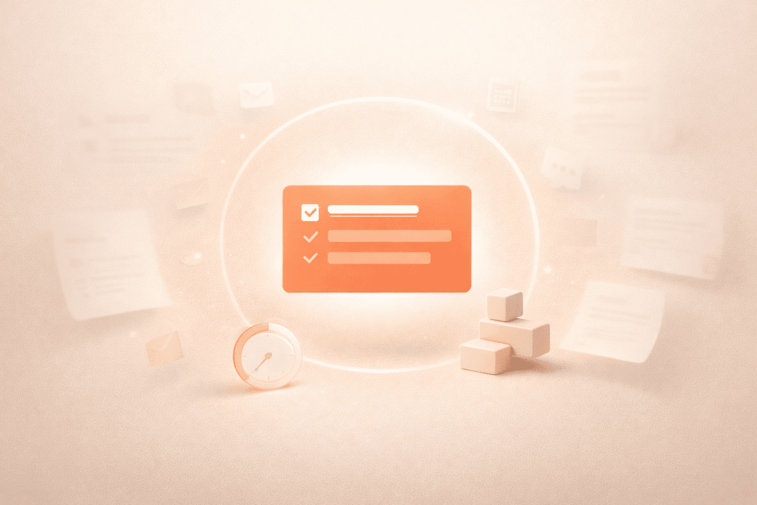 Minimalistische 3D-Illustration mit einer korallorangenen Aufgabenkarte im Zentrum, umgeben von einem sanften Schutzring, verschwimmenden Aufgaben und kleinen Symbolen sowie dezenten Zeitelementen, die Fokus, Überlastung und nachhaltiges Arbeiten darstellen.