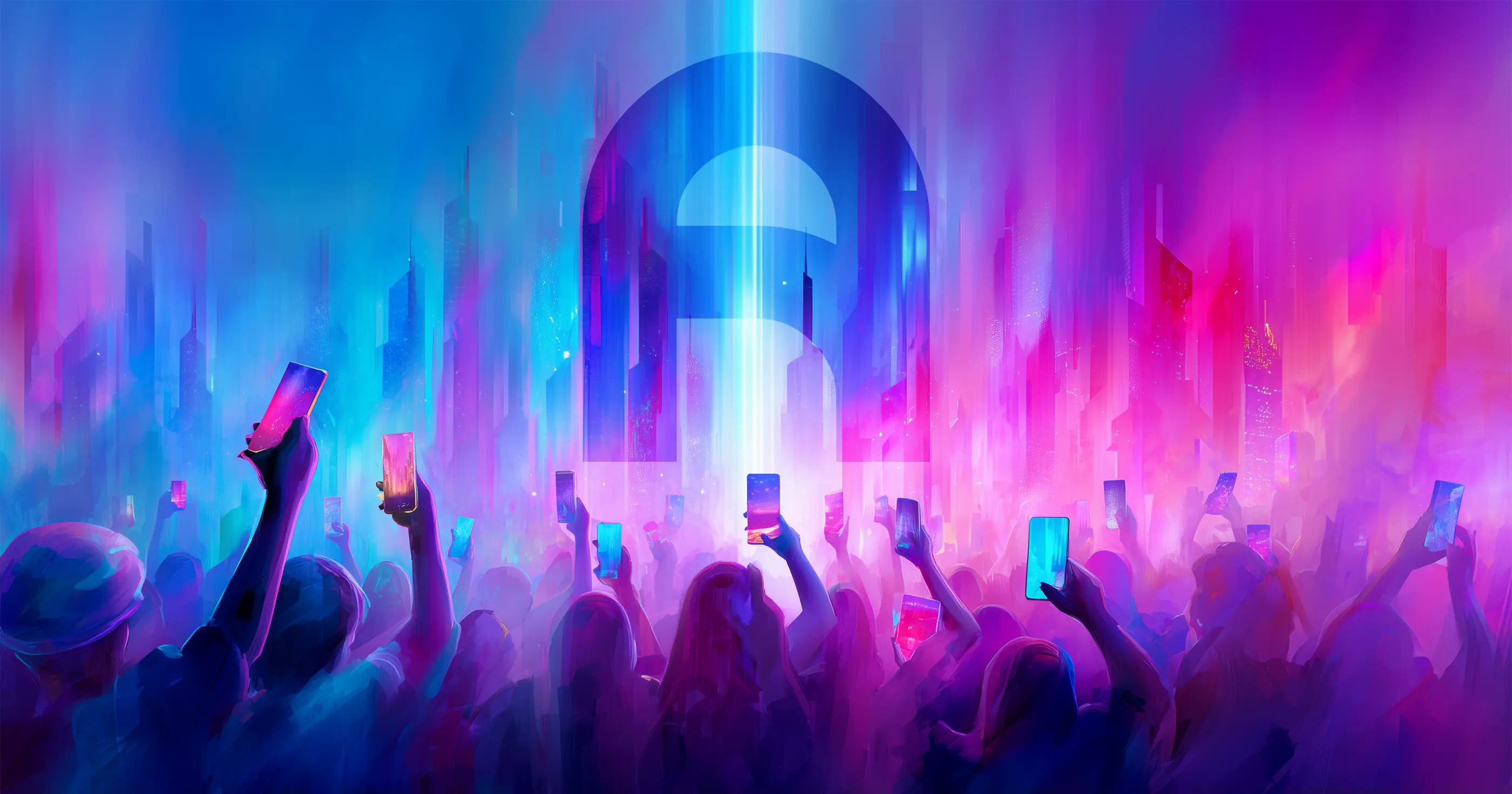 an illustration of a group of people with their phones held out to an audiopool logo