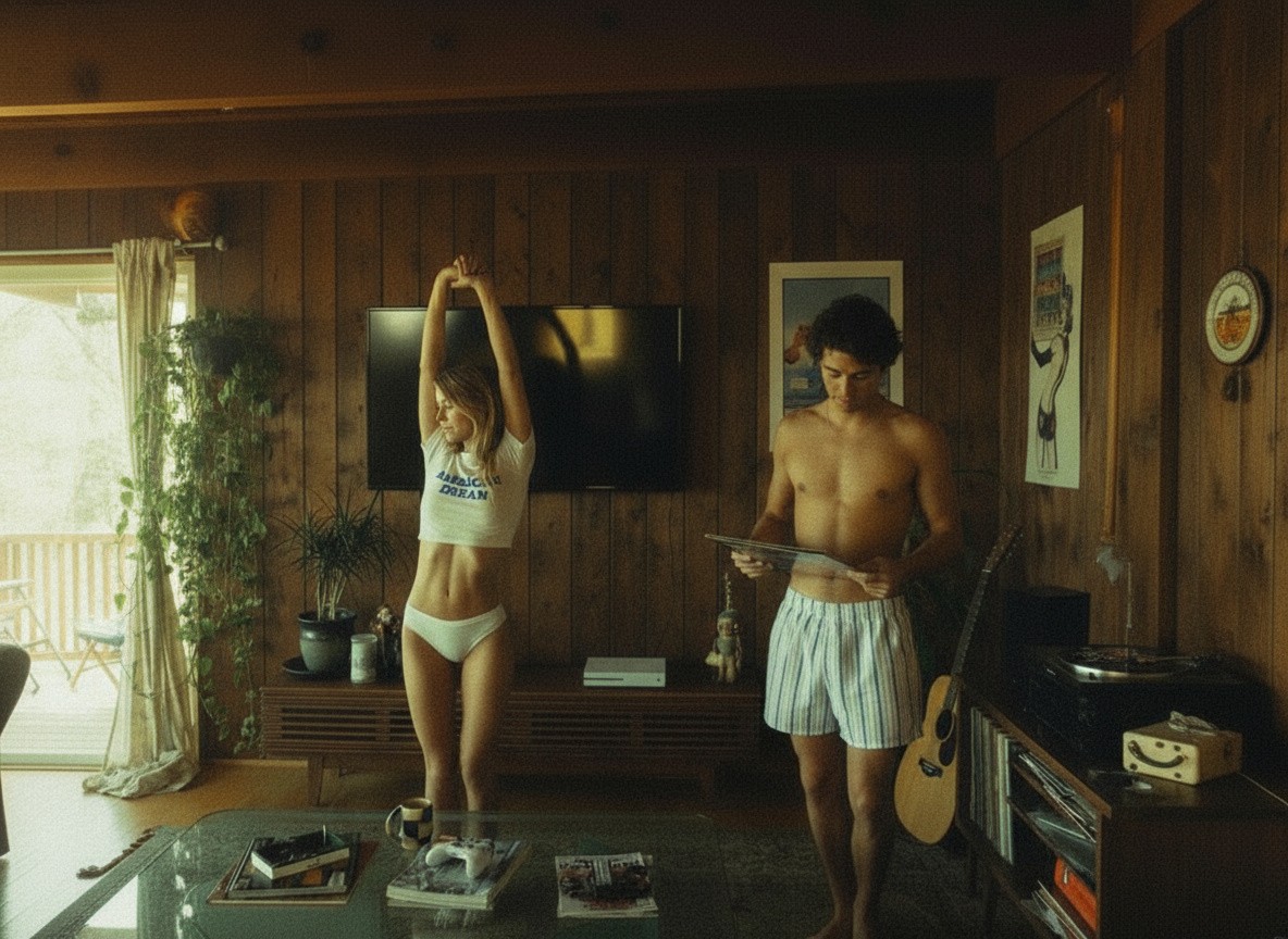 Female cowgirl in white crop top and underwear stands next to a horse