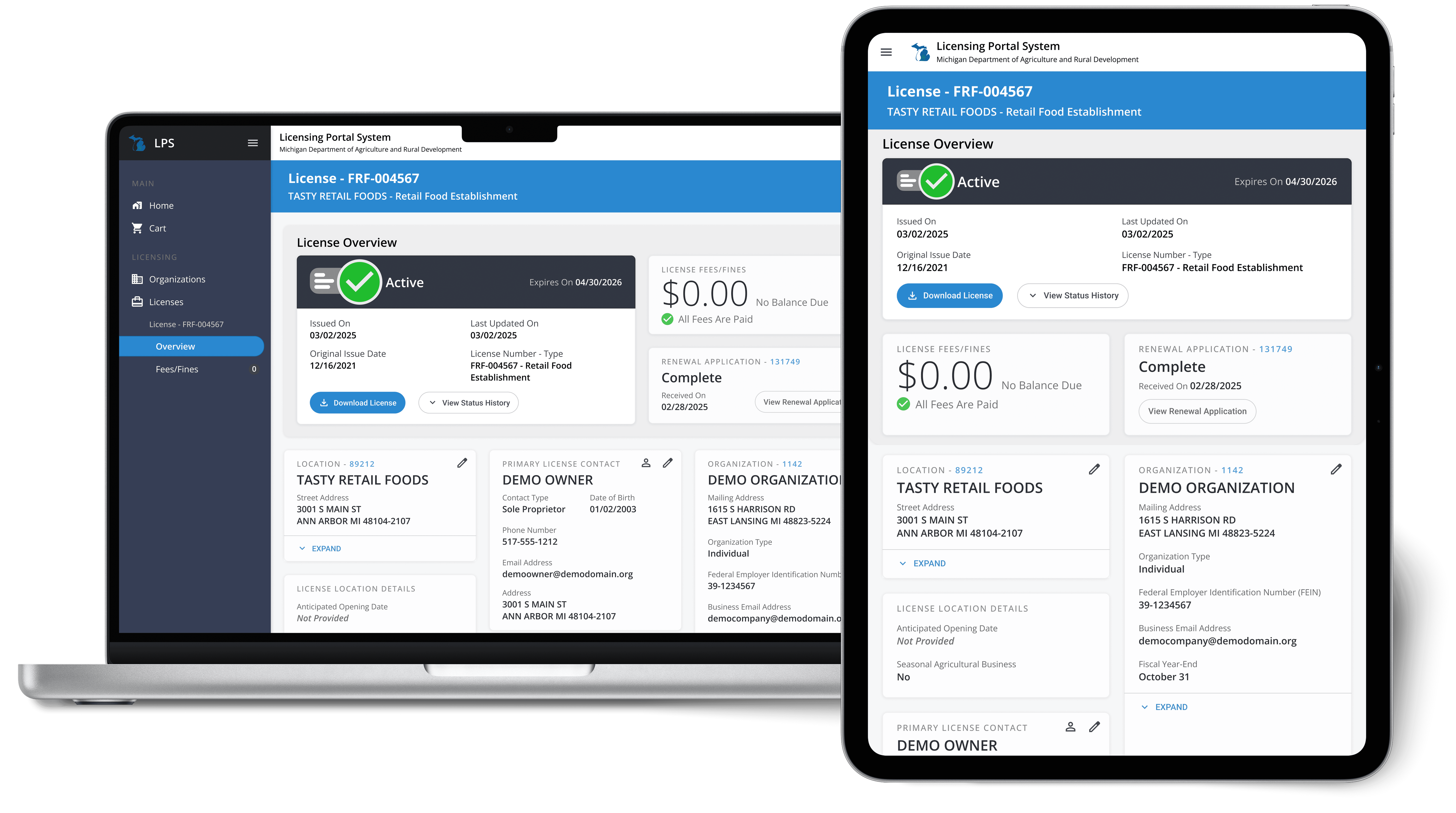A mockup of a License Overview Screen for the MDARD License Portal System. This is a variation of the implemented page created in March 2026.
