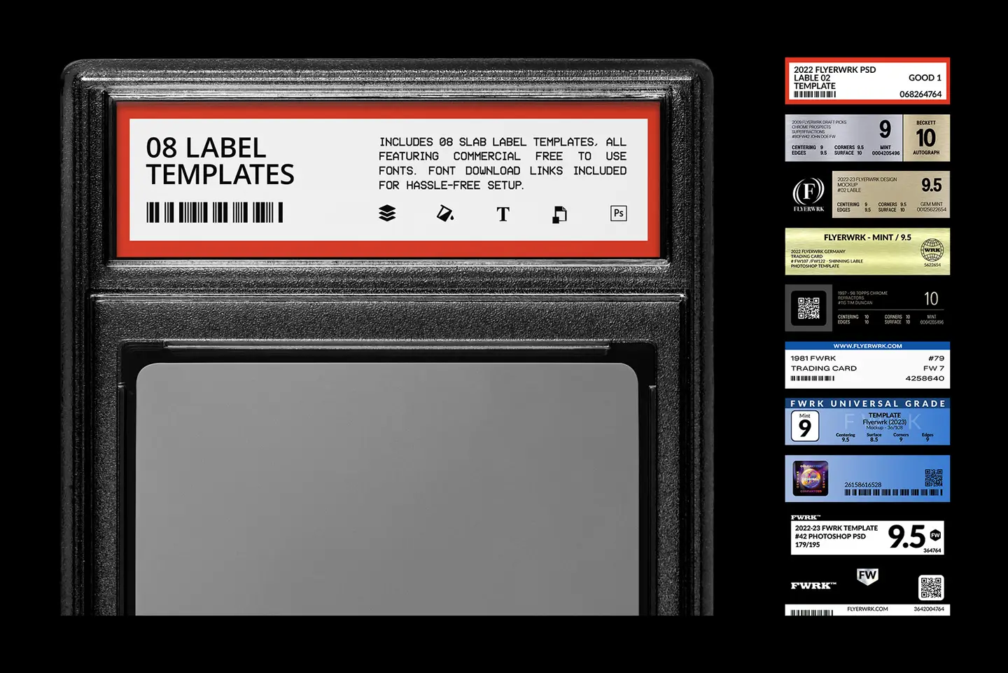 Trading card case mockups slab grading label templates with multiple design styles
