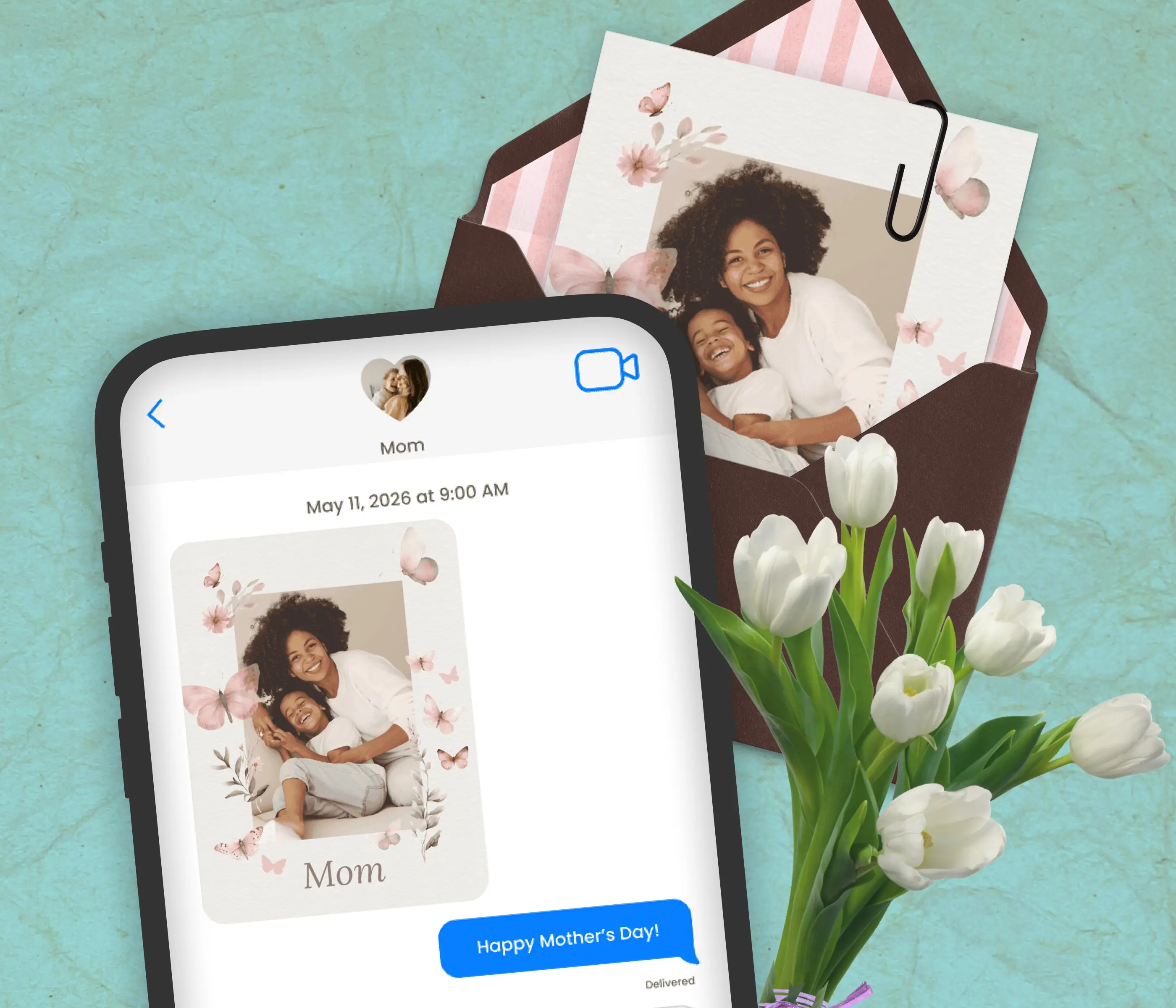 Mother's Day card being shared digitally on a phone or printed and placed in an envelope