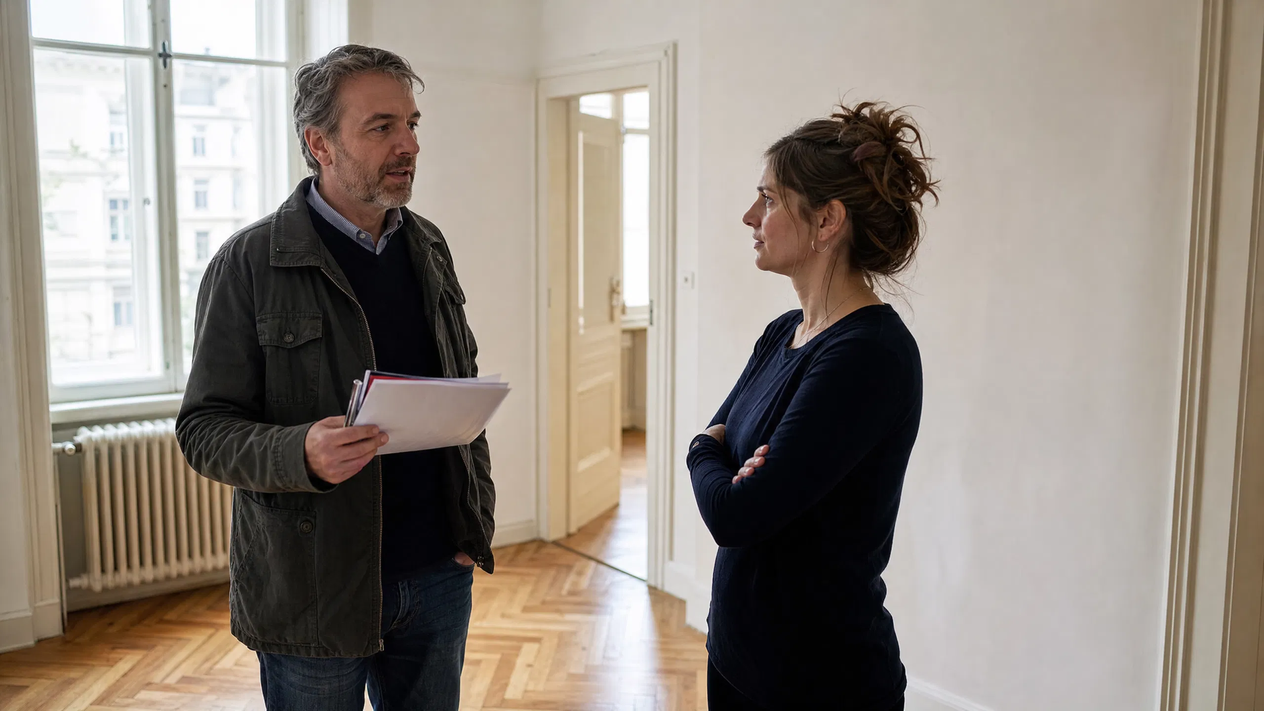 Ein Vermieter im mittleren Alter spricht in einer gepflegten, aber unrenovierten Wiener Altbauwohnung mit einer Mieterin, die die Arme verschränkt und aufmerksam zuhört – im Hintergrund sind Fischgrätparkett und ein alter Heizkörper zu sehen.