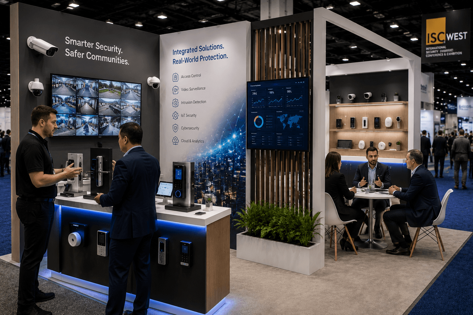 ISC West security product demo booth with access control reader, video surveillance monitor, IoT sensor display, and buyer conversation area in a 20x20 Las Vegas layout