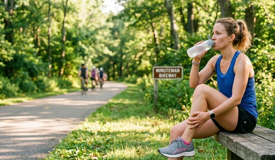 A female runner resting on a bench near the Minuteman Bikeway in Bedford MA, experiencing muscle fatigue after a workout.