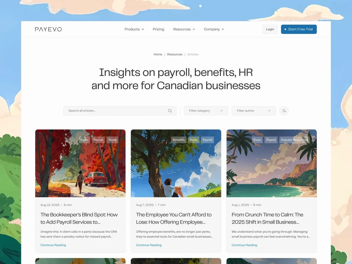 Payevo articles page headlined Insights on payroll, benefits, HR for Canadian businesses.
