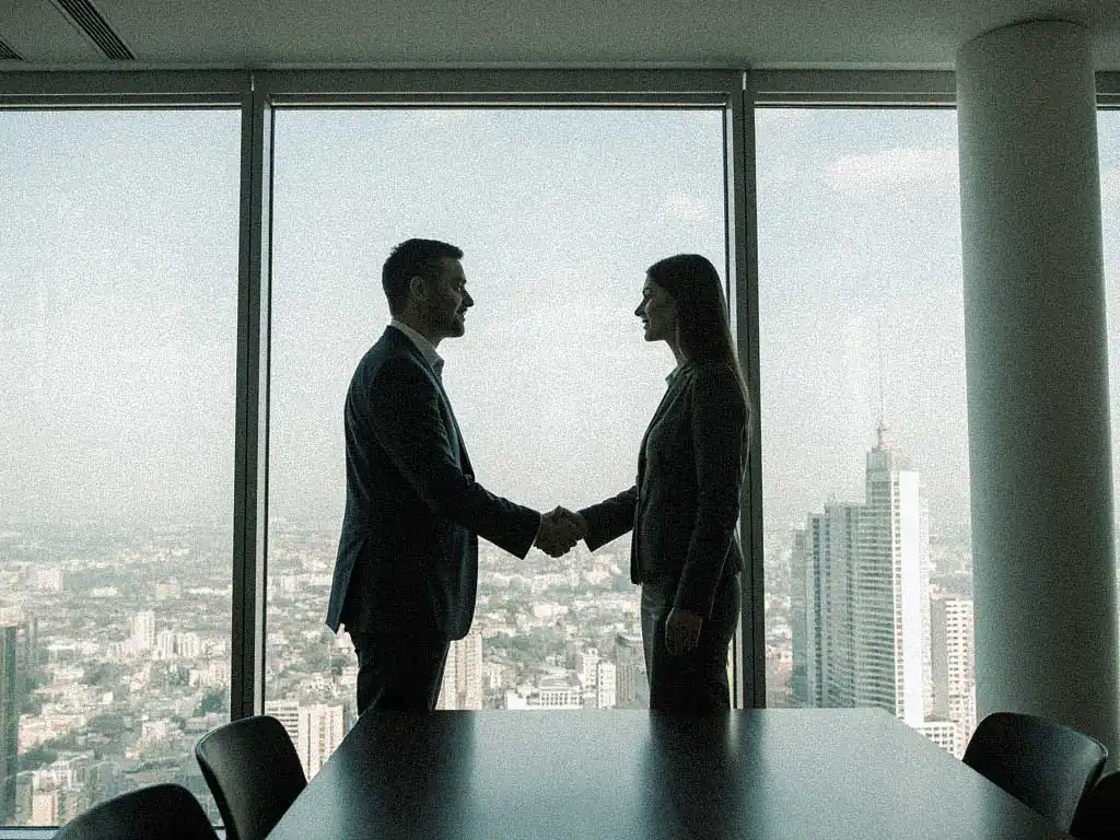 Two business professionals shaking hands in a modern office city view.