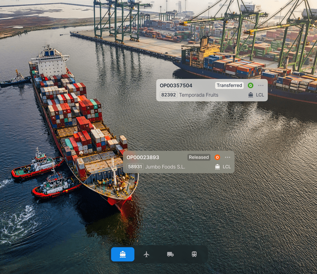 Image of a port area with a cargo ship arriving, overlaid with interface elements displaying details about the ship and its cargo.