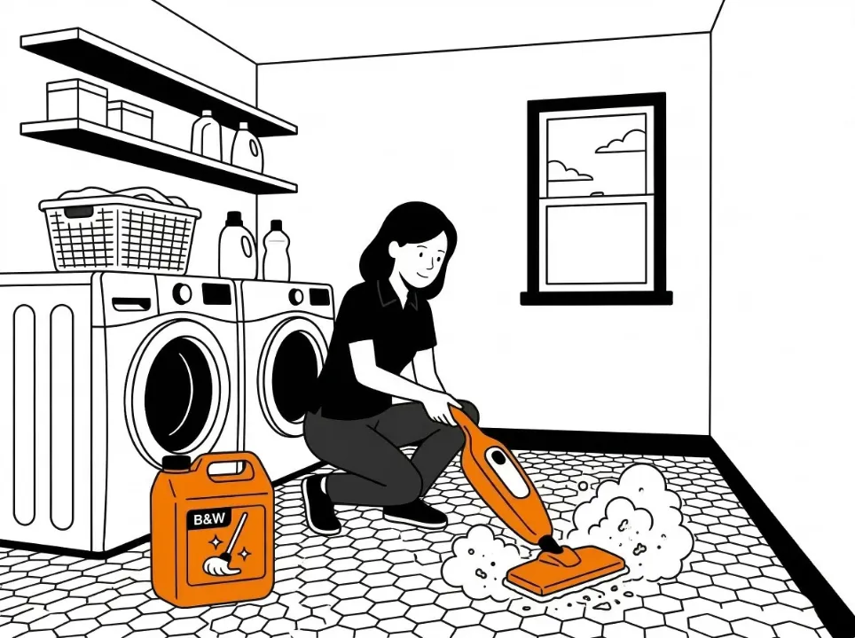 Une agente Widy's nettoie le sol carrelé d'une buanderie avec un balai vapeur orange, à côté d'un lave-linge.