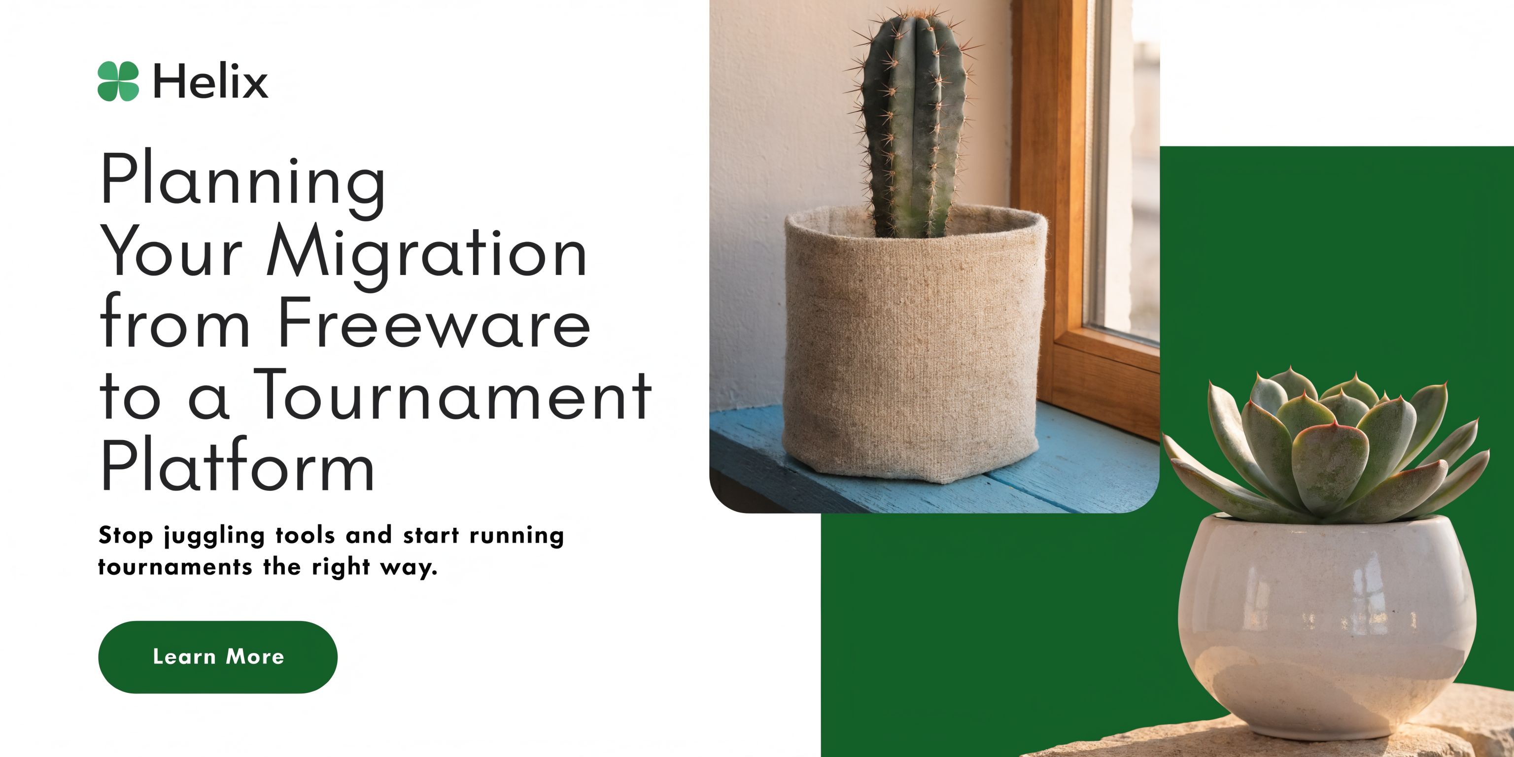 A professional landing page for Helix offering guidance on migrating from freeware tools to professional tournament software.