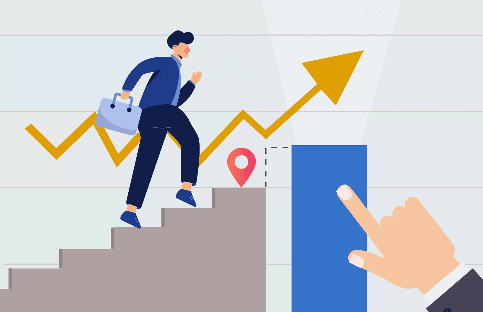 An illustration of a sales rep climbing stairs to reach his target