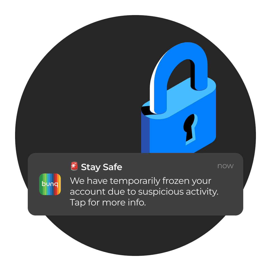 Afbeelding van een gesloten hangslot en een in-app melding met de tekst: 'We hebben je account tijdelijk geblokkeerd vanwege verdachte activiteiten,' wat automatische fraudepreventie aangeeft.