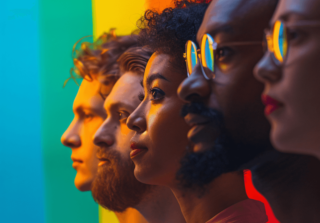 Grupo diverso de pessoas em pé, sorrindo e posando para a foto em frente a uma grande janela de escritório. A imagem transmite um ambiente acolhedor e colaborativo, refletindo a alegria e a união do grupo.