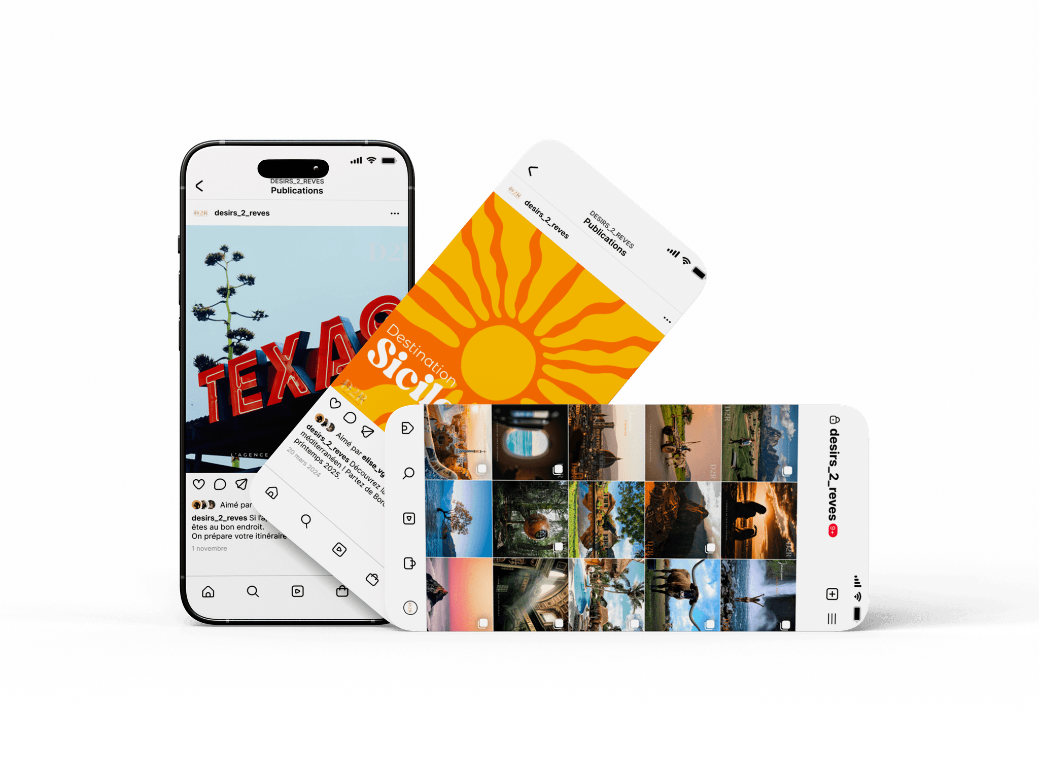 Mockup mobile triple écran présentant la stratégie social media et le design d'interface réseaux sociaux pour le projet Désirs2Rêves.
