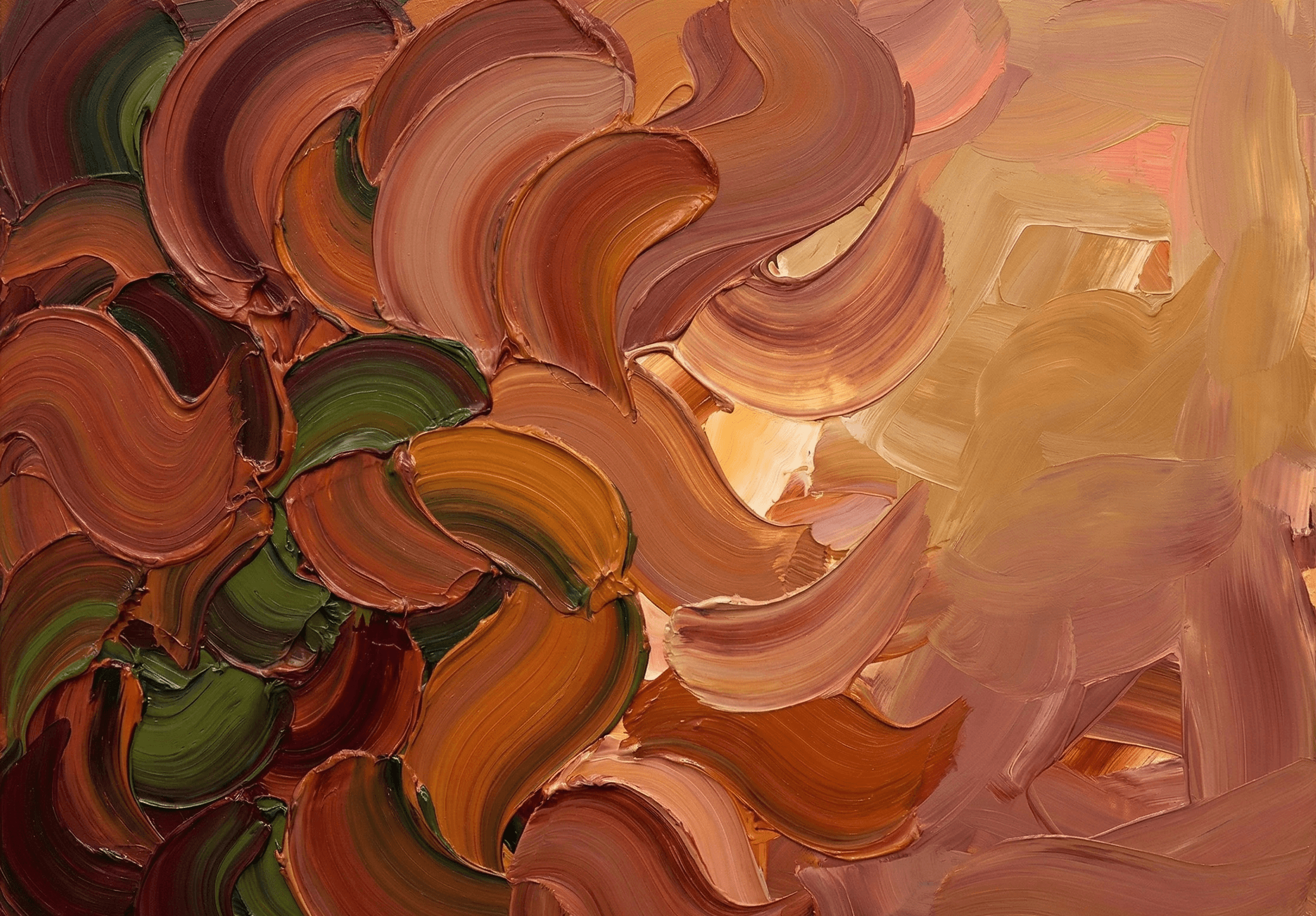 Abstract painting of arched layers in warm shades of orange, red, and yellow with a green center.