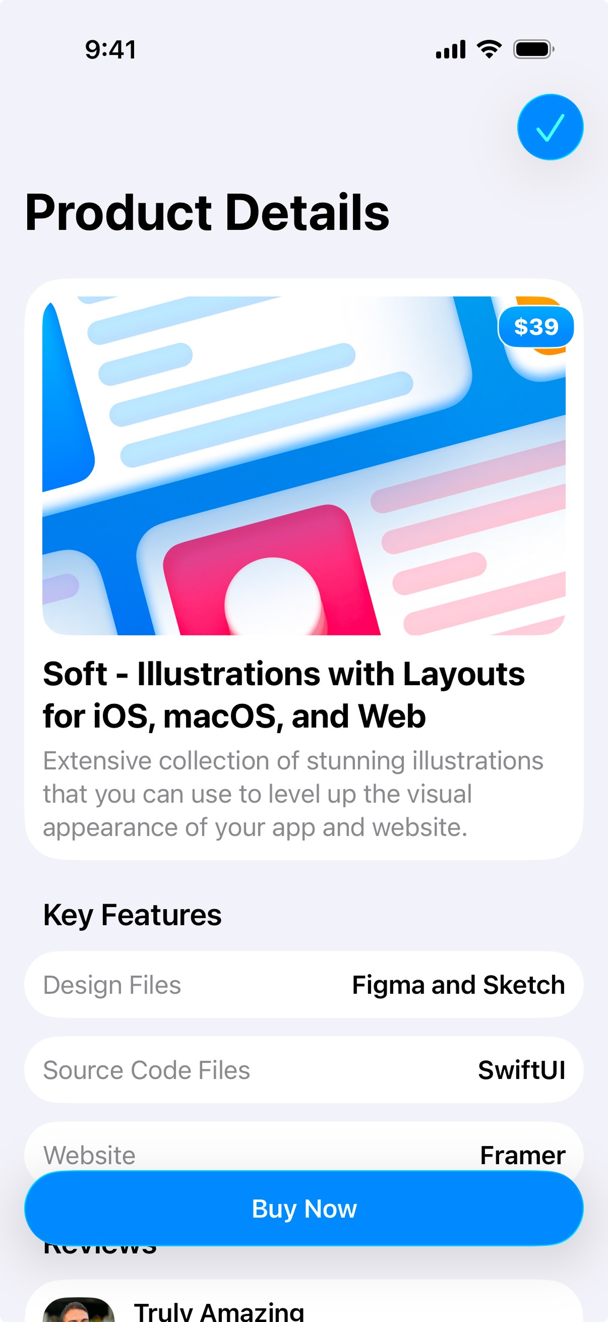 AppLayoutsUI Product Details screen on iOS.