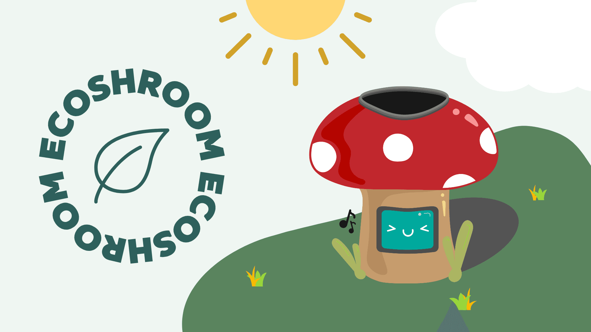 Illustrated EcoShroom bin under the sun with a smiling screen and EcoShroom logo.