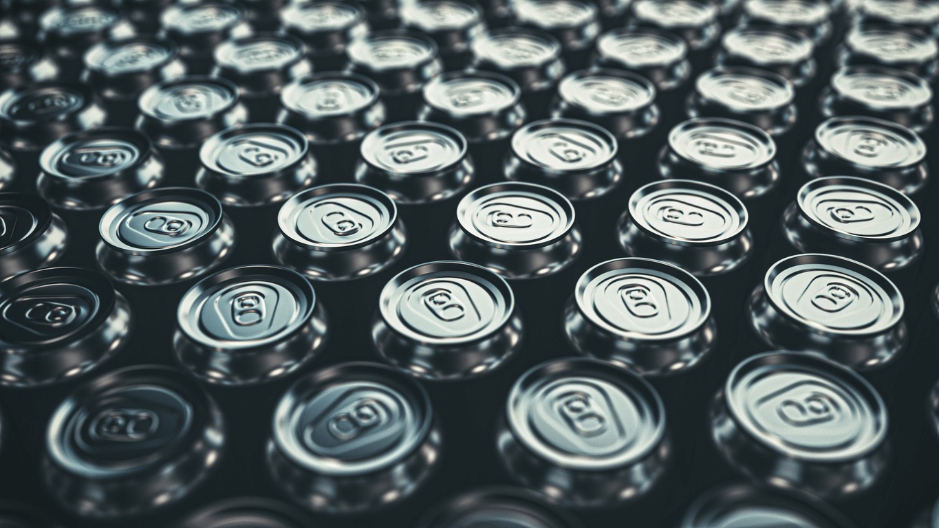 Angle view of the top of aluminum cans