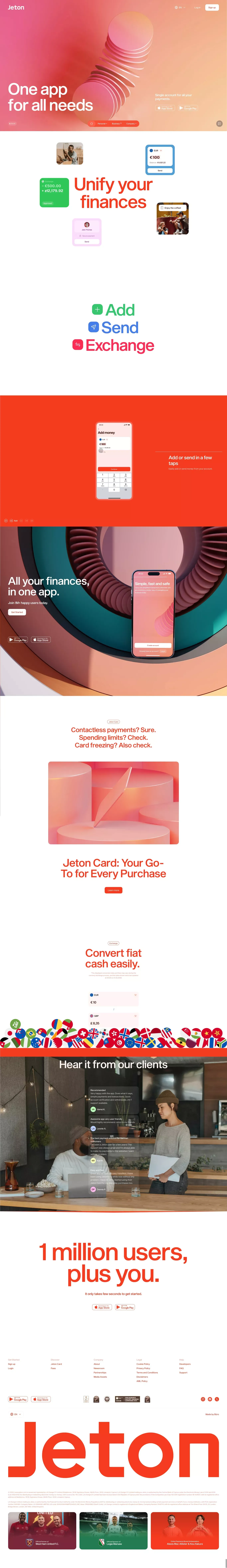 Jeton landing page screenshot showcasing Finance and Tech design
