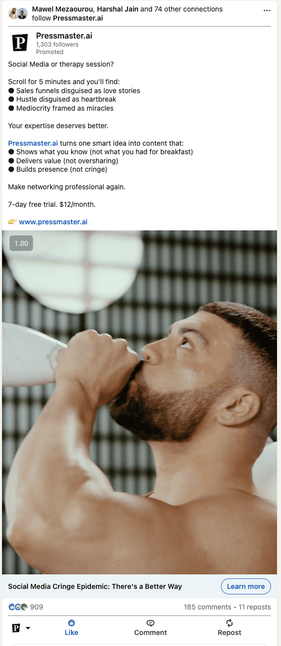 pressmaster.ai viral ad with 909 likes and 185 comments key first click campaign
