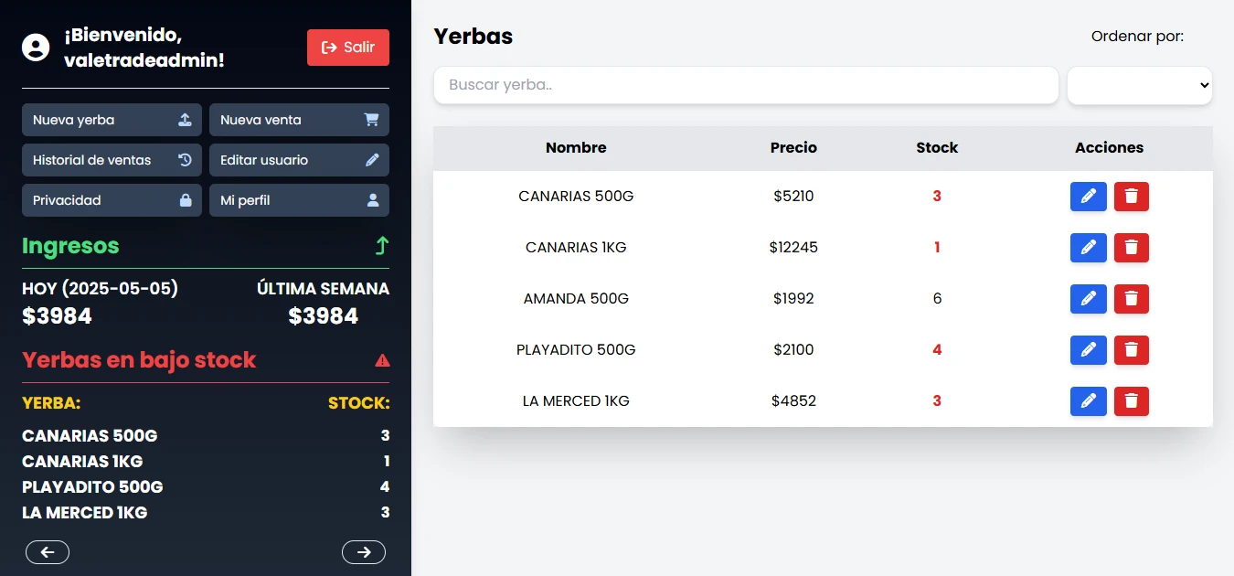 Captura del Inicio de Trade Yerbas