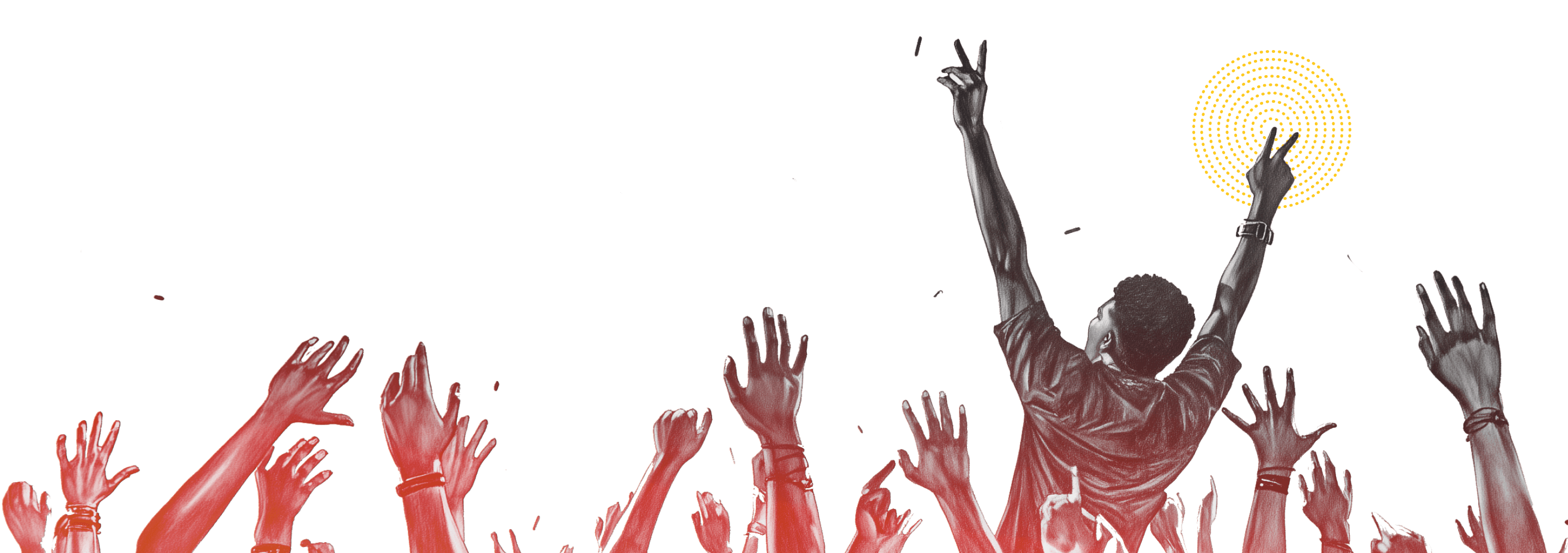 Pencil sketch graphic of a cheering audience