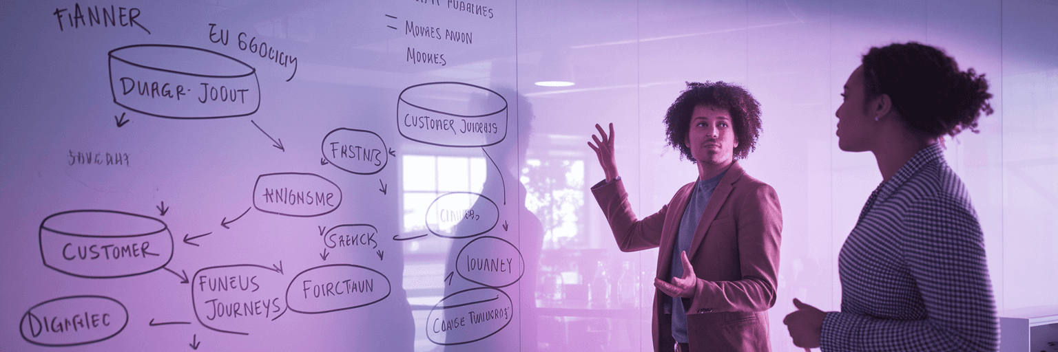 Founder and fractional CMO discussing strategy at whiteboard.