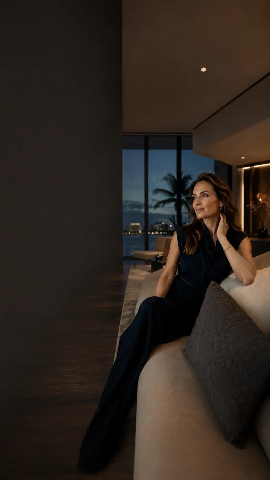 Woman seated by a window at dusk