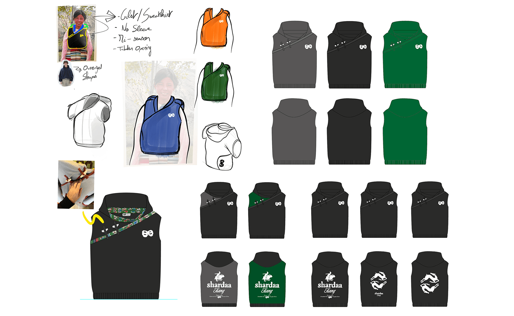 Technical design sheet showing color and pattern variations for the Shaardaa streetwear collection hoodie.