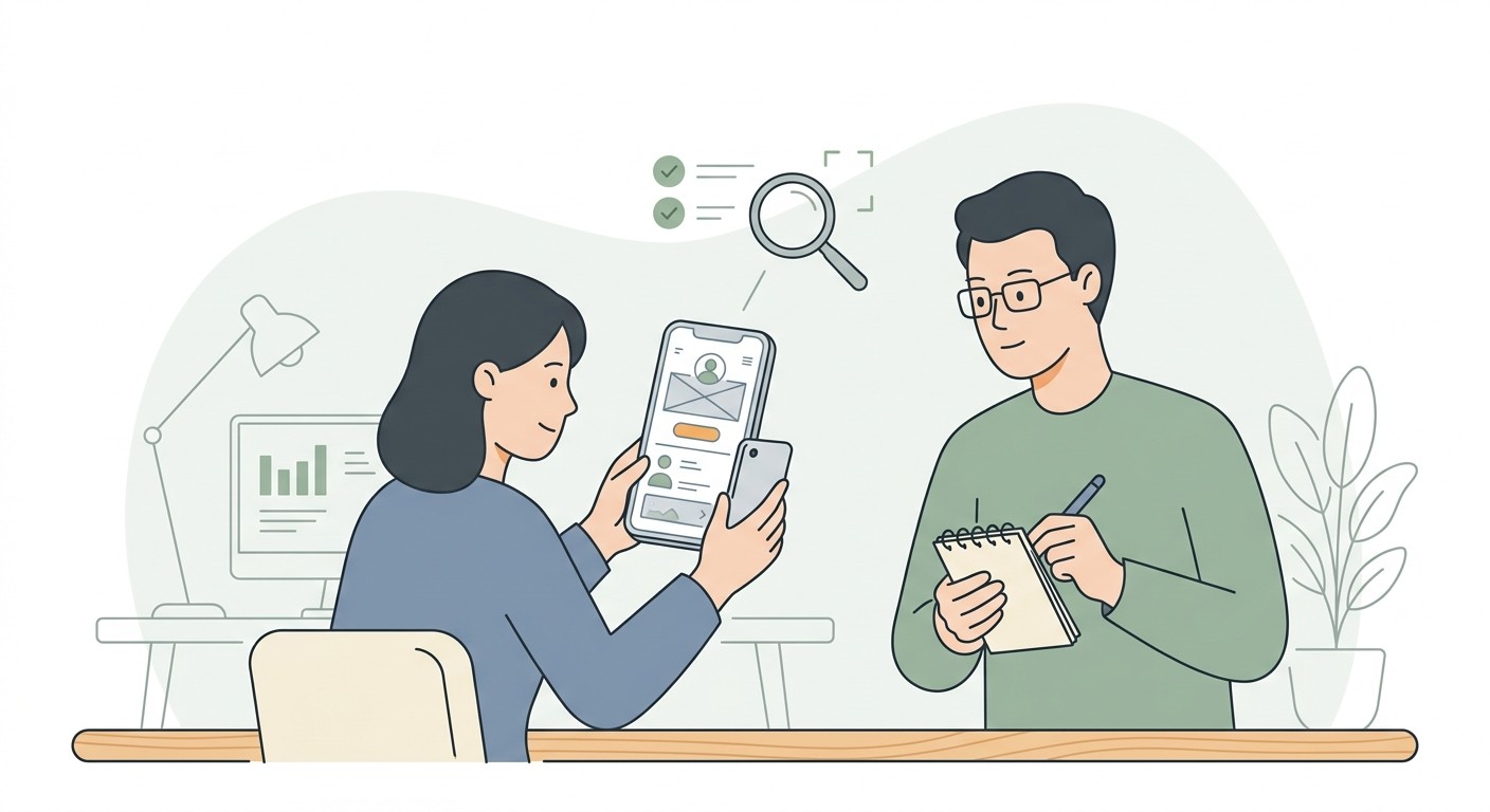 Researcher observing and taking notes as a person tests a mobile app prototype on their phone