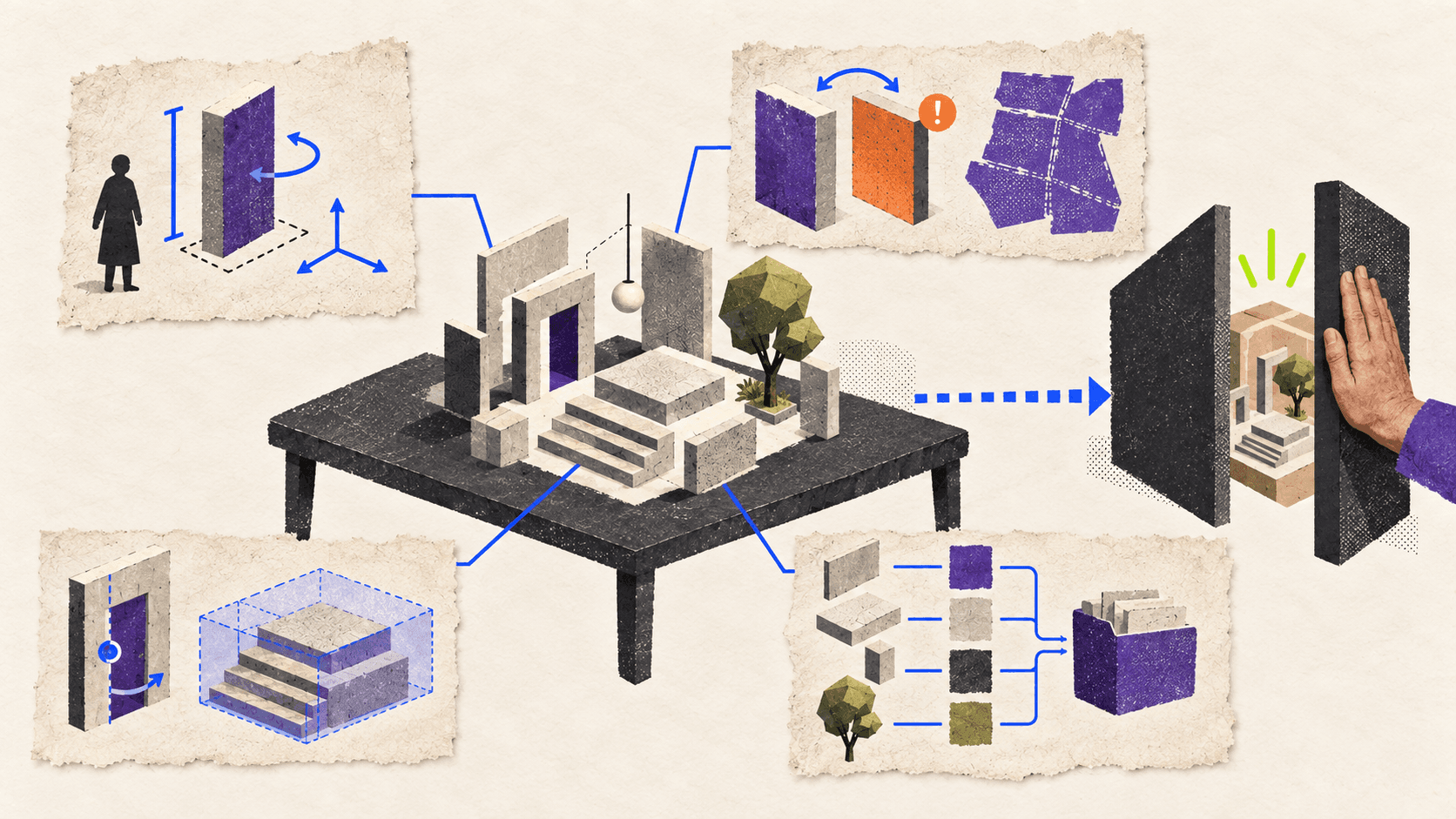 A modular Blender environment is inspected for scale, transforms, normals, UVs, pivots, collision, and organized asset paths before export.