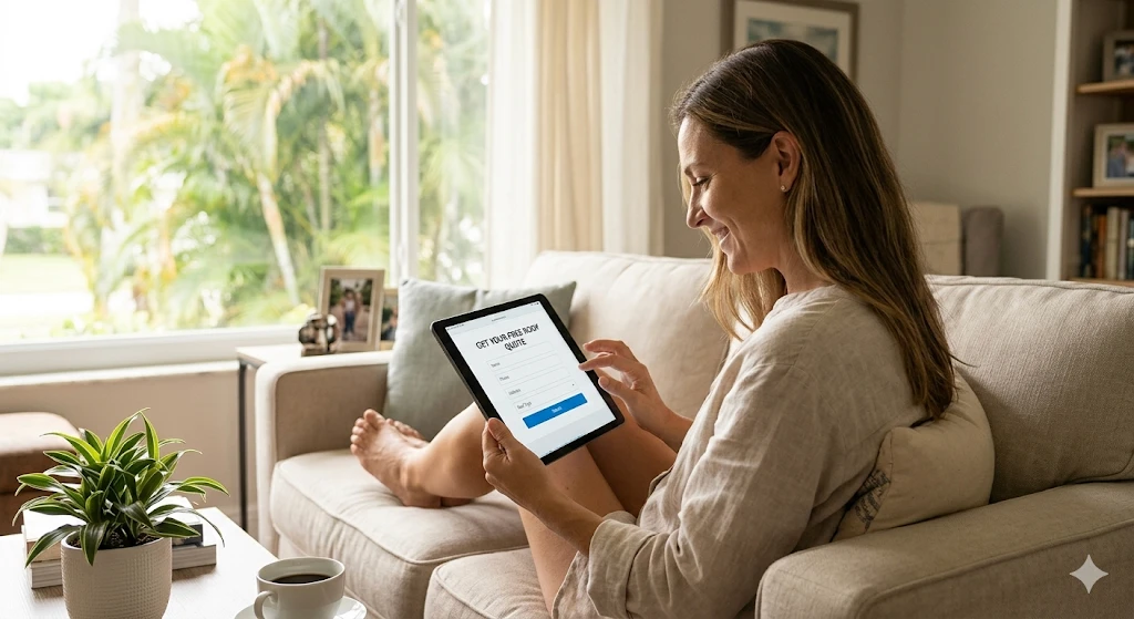 Steps 1 Homeowner on their phone or laptop at home, relaxed, comfortable — not stressed. Bright living room or kitchen. Could show a tablet with a quote form on screen.