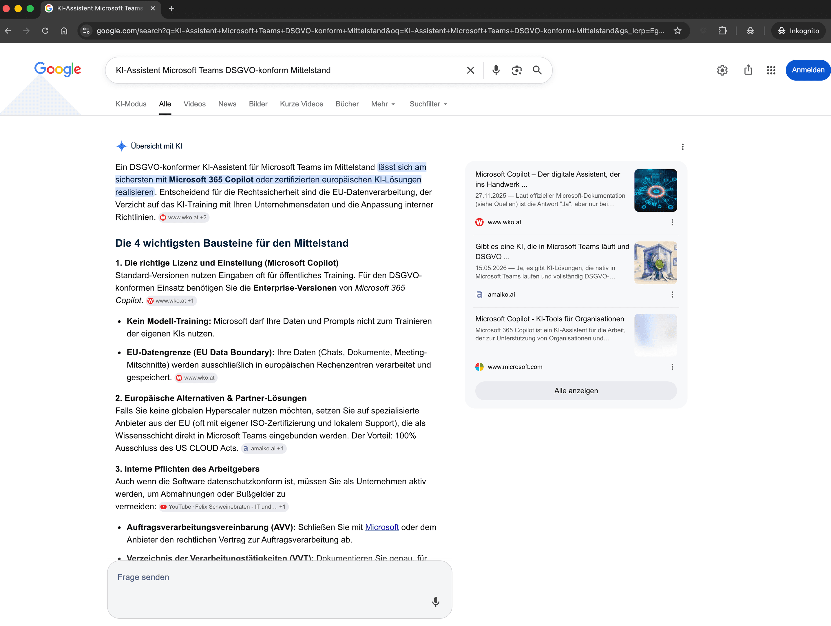 Google Suchergebnis für einen Prompt - Auszug aus dem KI Assistent MS Teams DSGVO konform Mittelstand