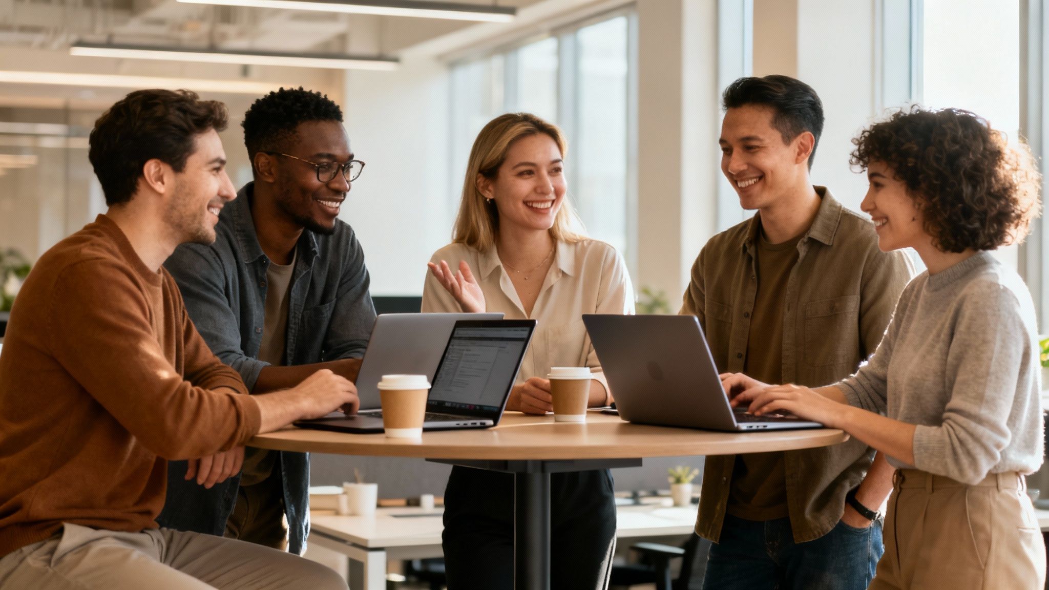 Cinco colegas diversos sonríen y colaboran en una oficina moderna con laptops y café.