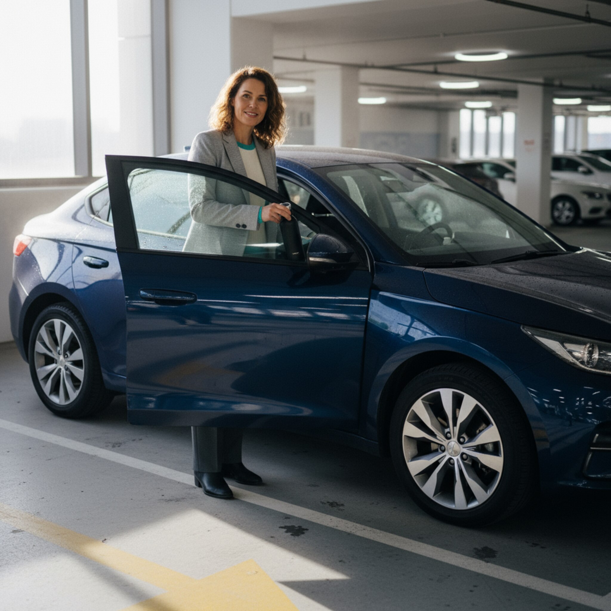 Im Parkdeck steht ein kompakter Firmenwagen in einer markierten Zone, frisch gereinigt, Spiegel eingeklappt. Eine Person stellt eine Wasserflasche in den Becherhalter und zieht die Jacke zu, bevor sie einsteigt. Kühle Luft, gedämpftes Licht, klare Ordnung ohne Hektik.