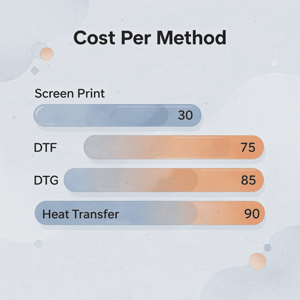 Bar chart showing relative costs of different t-shirt printing methods - Types of T-Shirt Printing 