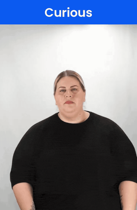 Animated GIF: a Deaf signer signs CURIOUS in ASL, an F hand at the throat with a small twist.