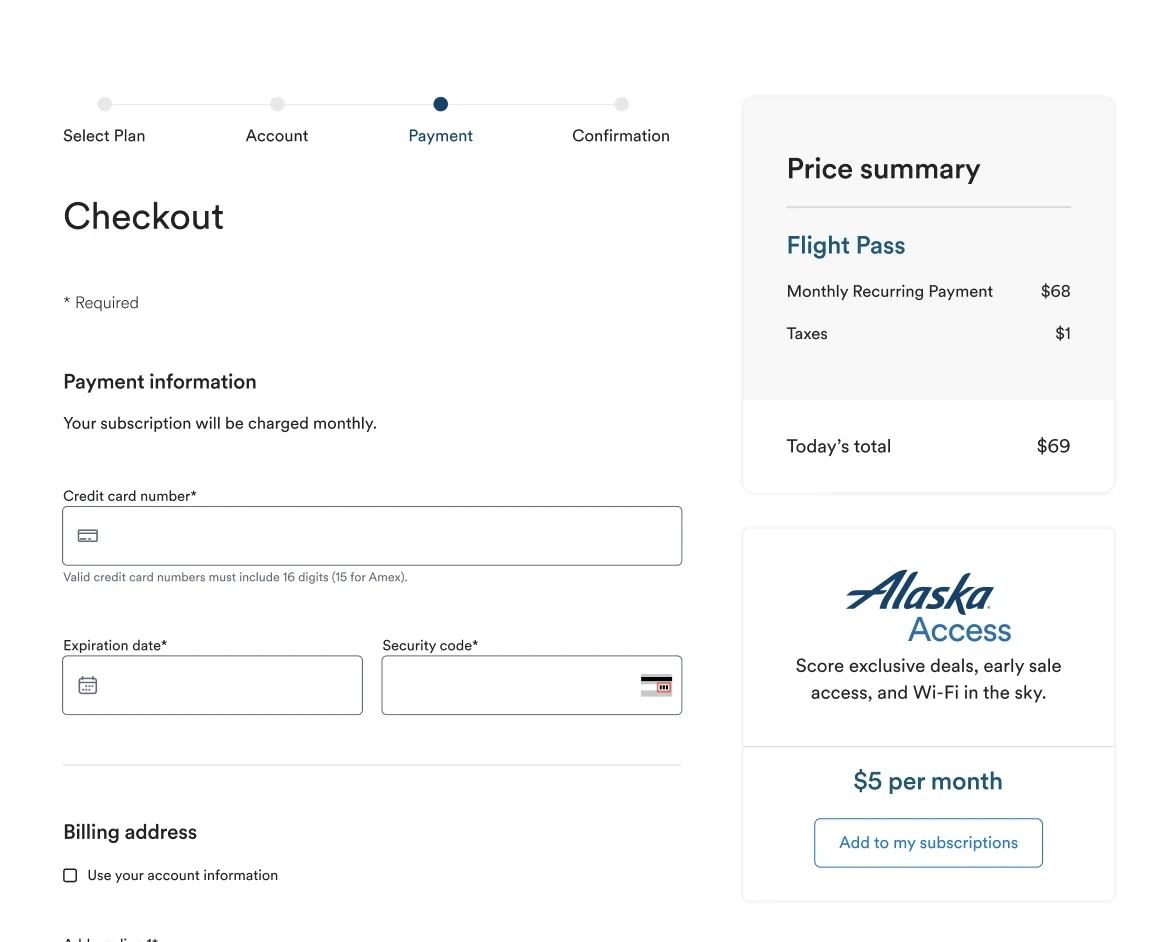 Alaska Flight Pass checkout UI